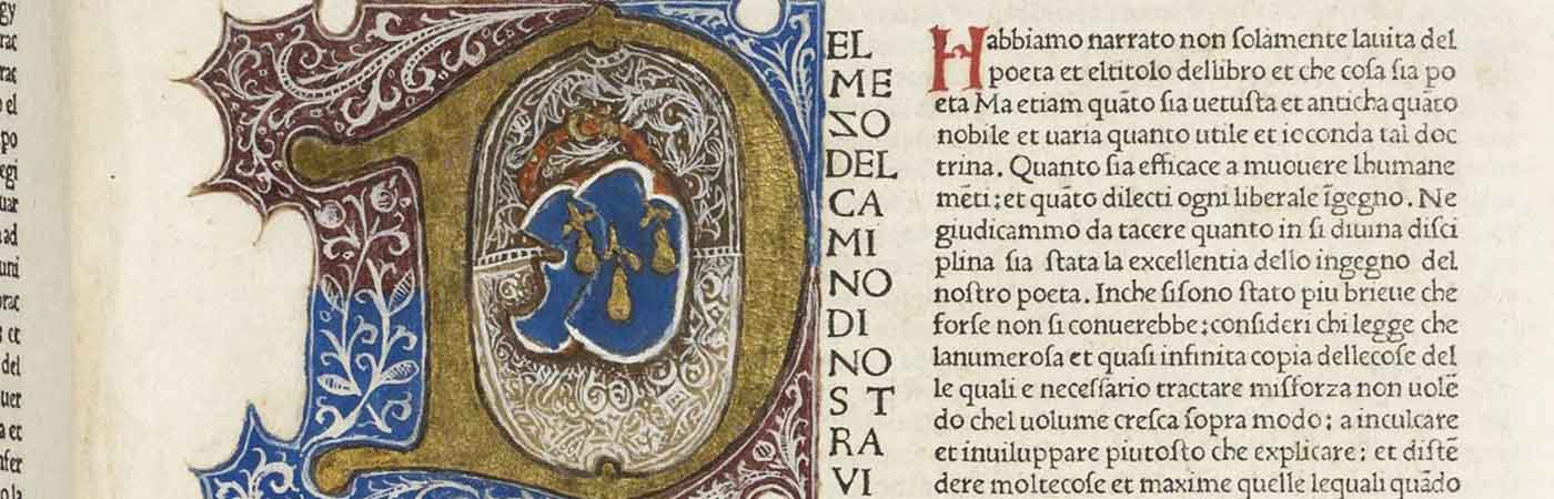 Medieval text with calligraphy letter 'D'