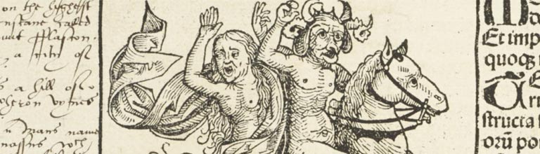 Illustration of a witch being carried away on horseback by the devil, courtesy Chetham's Library.