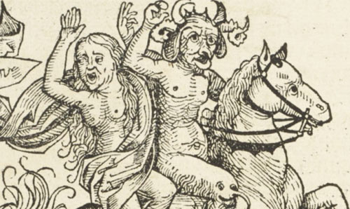 Illustration of a witch being carried away on horseback by the devil, courtesy Chetham's Library.
